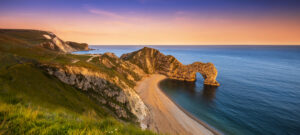 Sunset over Durdle Door and the Jurassic Coast, Dorset