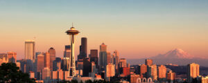 Seattle skyline at sunset with Mt Rainier, Washington