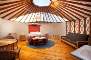 Luxury yurt interior at Treebones Resort, California